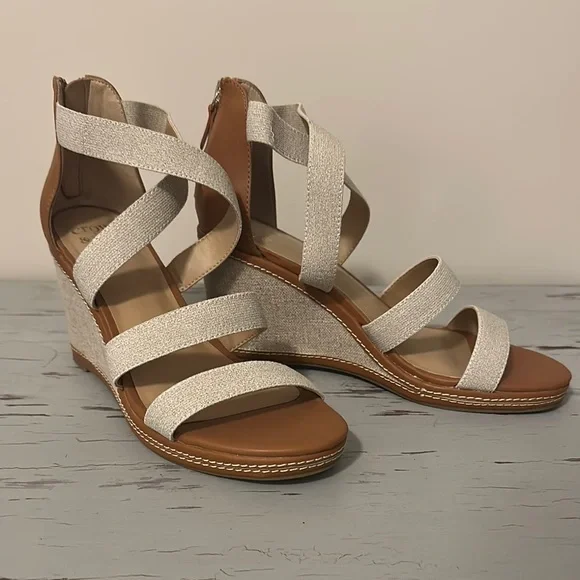 Crown & Ivy Tan and Cream Wedge Sandals - Picture 1 of 6